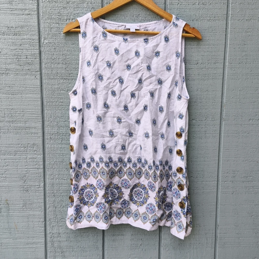 J Jill Love Linen Floral Boho Button Down Sides Tunic sz M Ivory Blue Beach Boh
